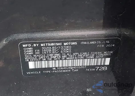 2024 Mitsubishi Mirage Es/Le from USA, damaged, VIN ML32AUHJXRH010207